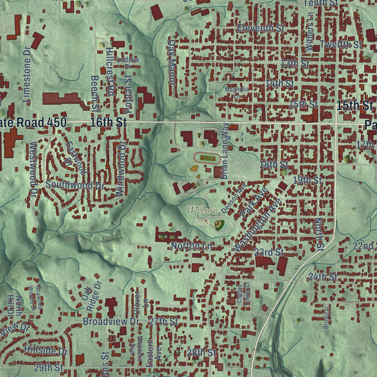 Close-up of the map of Bedford, Indiana print showing street and building detail