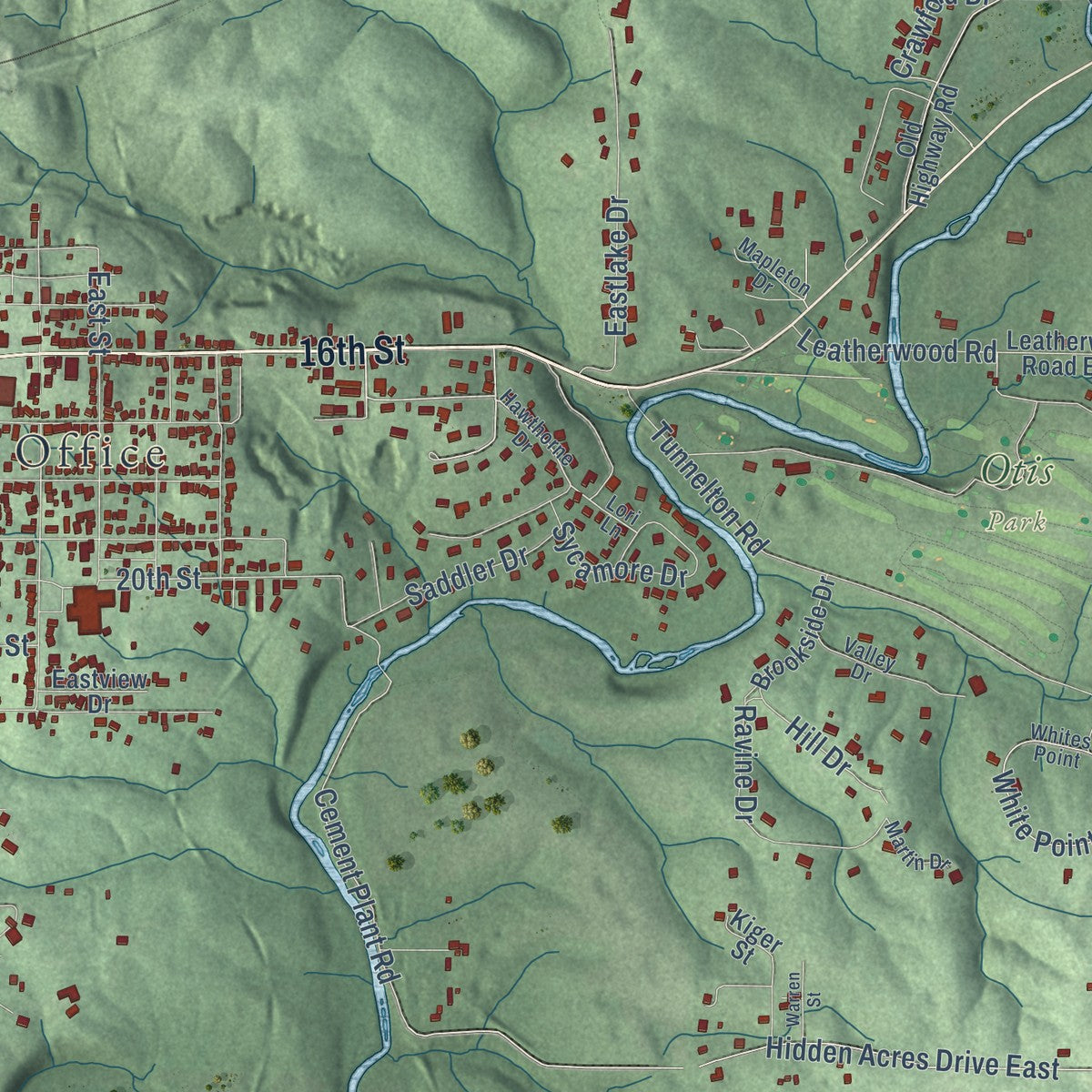 Second close-up of the map of Bedford, Indiana print showing more streets and buildings