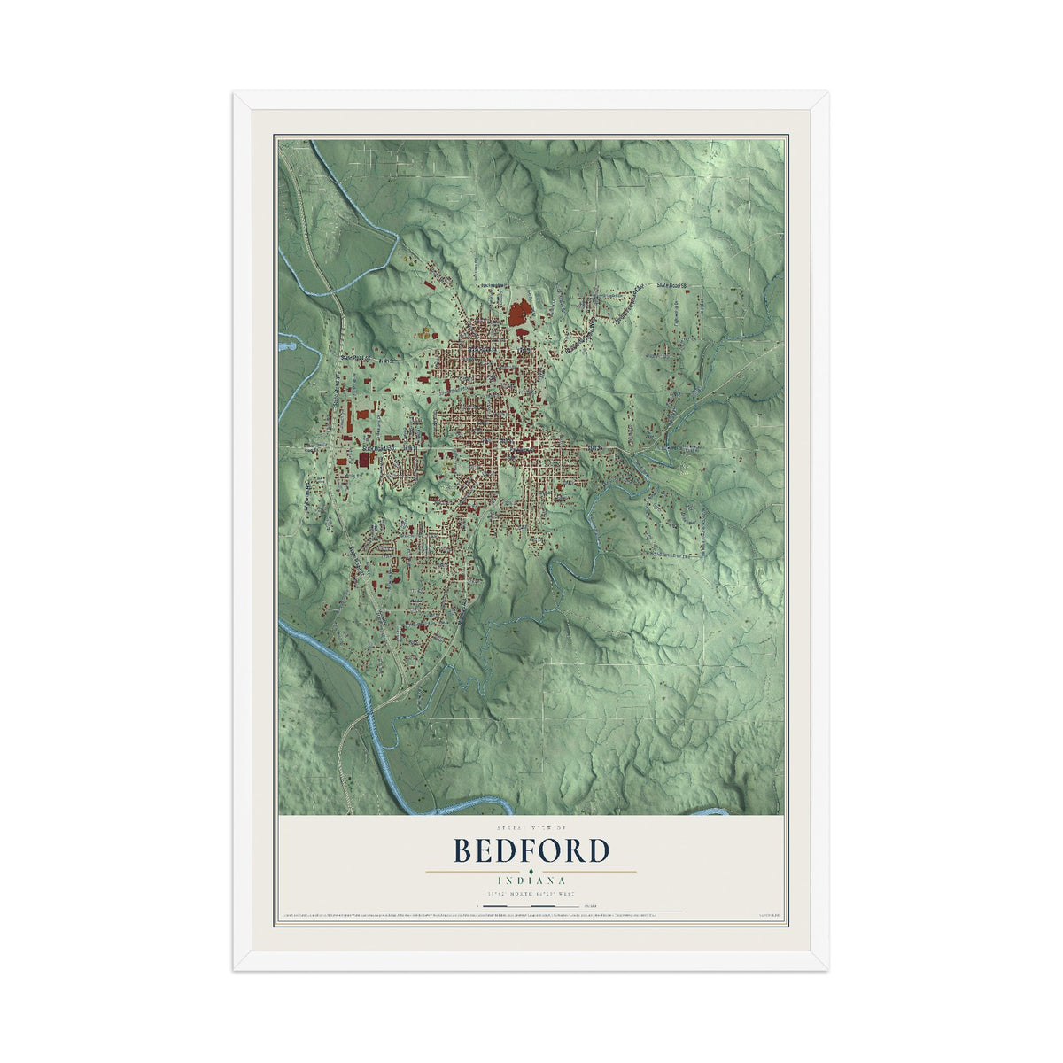 Map of Bedford, Indiana, 12 x 18 inch print in a white wood frame