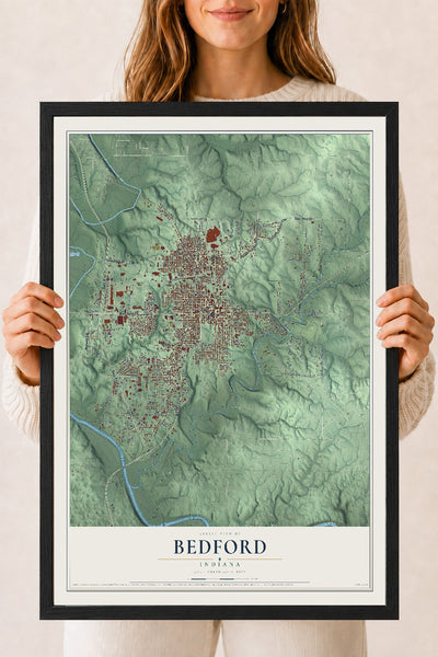Map of Bedford, Indiana, 18 x 24 inch print in a black wood frame