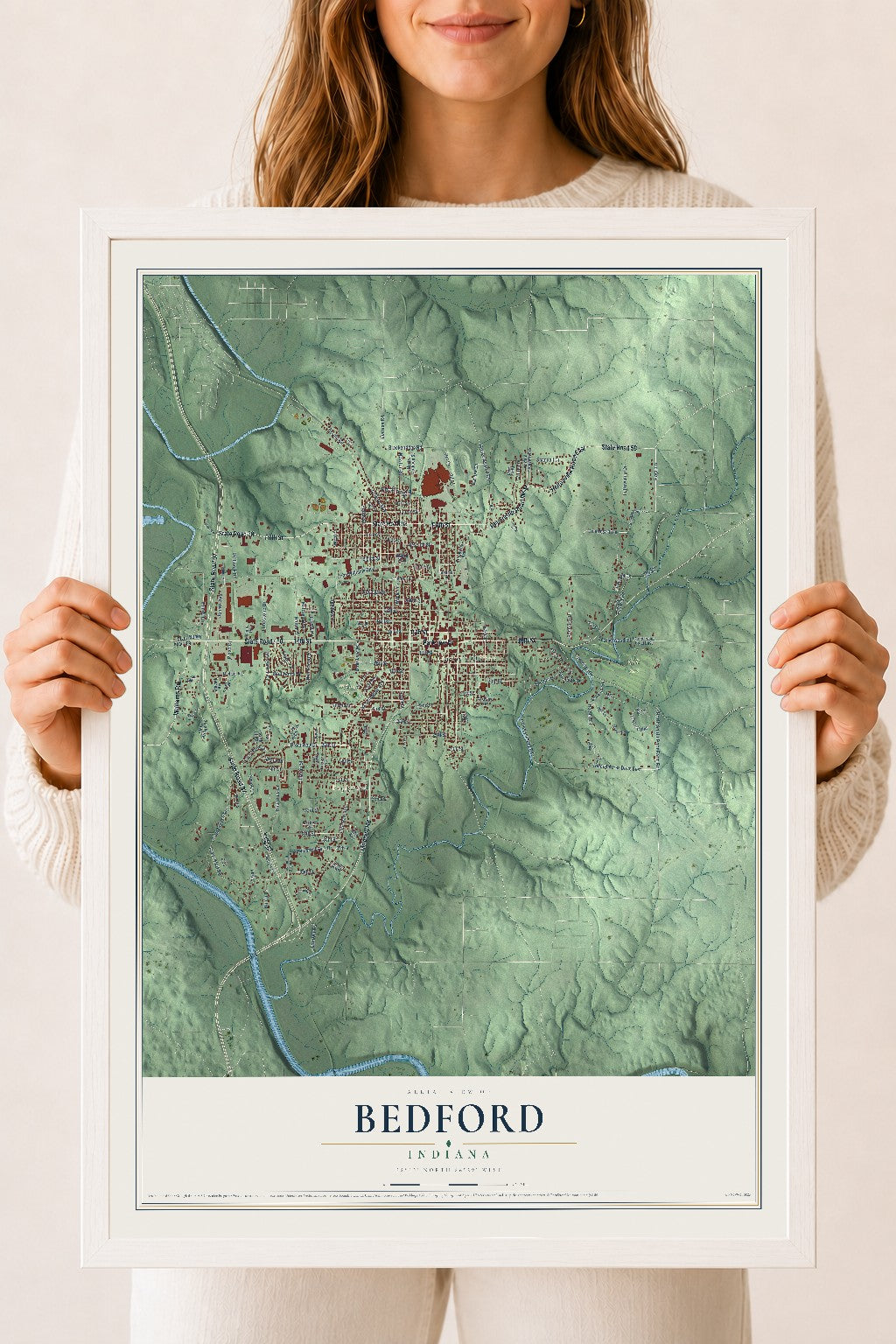 Map of Bedford, Indiana, 18 x 24 inch print in a white wood frame