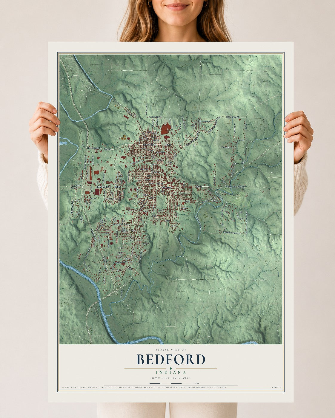 Map of Bedford, Indiana, 24 x 36 inch unframed archival matte print