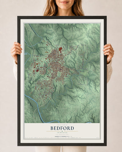 Map of Bedford, Indiana, 24 x 36 inch print in a black wood frame
