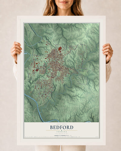 Map of Bedford, Indiana, 24 x 36 inch print in a white wood frame