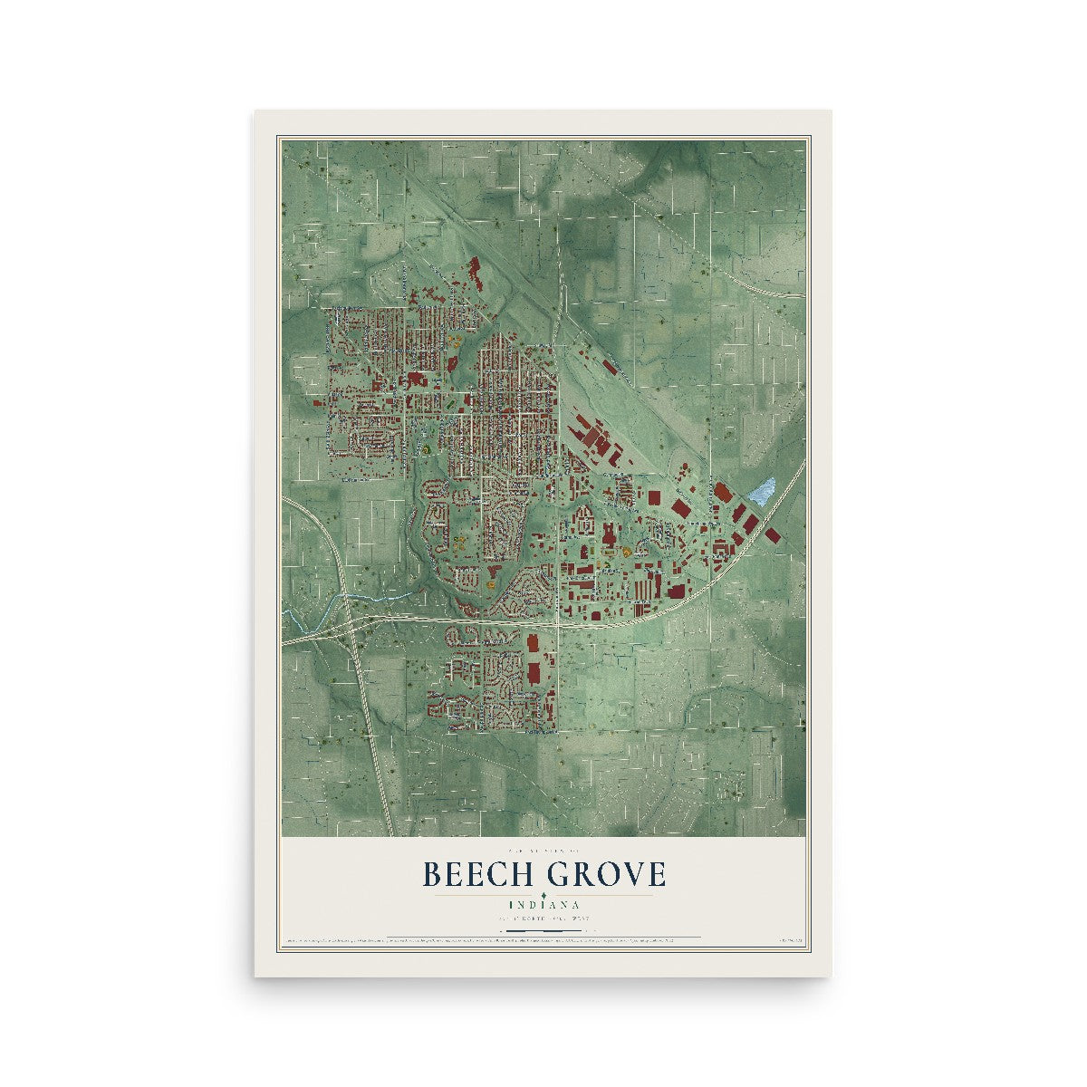 Map of Beech Grove, Indiana, 12 x 18 inch unframed archival matte print