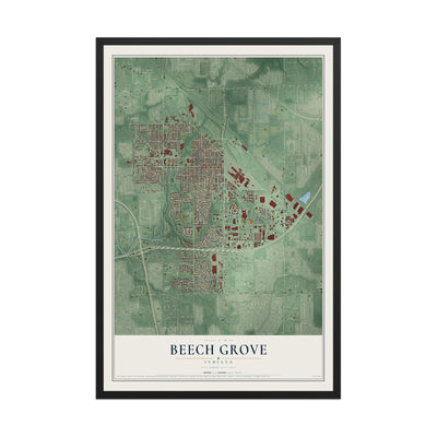 Map of Beech Grove, Indiana, 12 x 18 inch print in a black wood frame