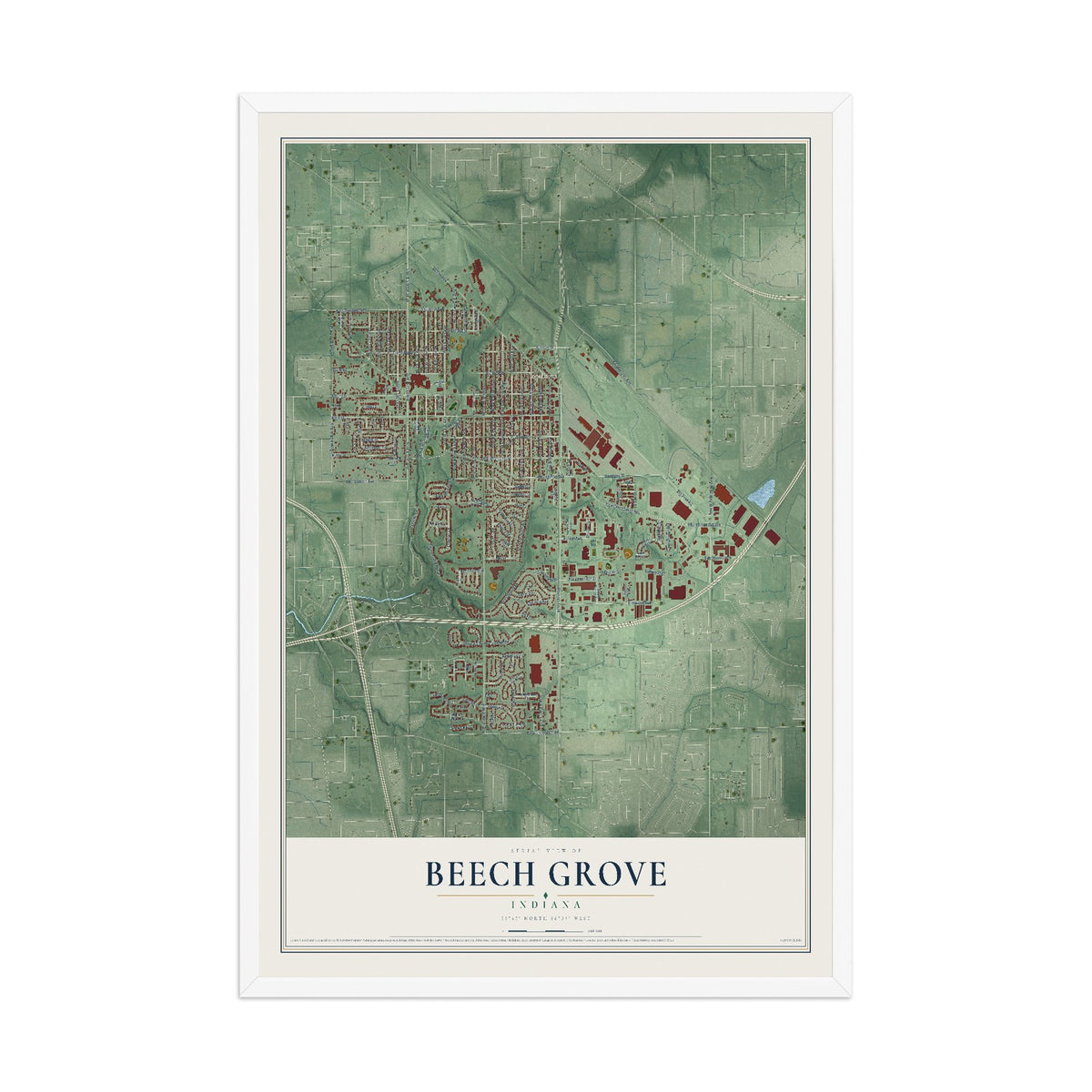 Map of Beech Grove, Indiana, 12 x 18 inch print in a white wood frame