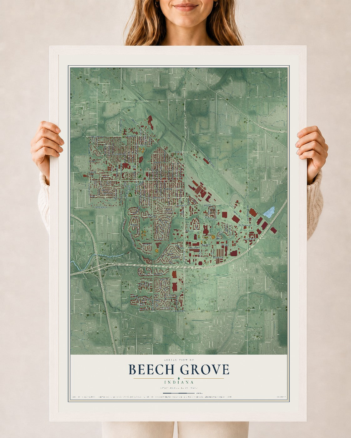 Map of Beech Grove, Indiana, 24 x 36 inch print in a white wood frame