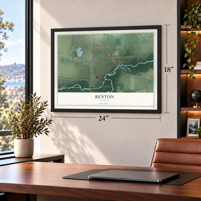 Benton, Indiana map, 18 x 24 inch print in a black frame in a home office