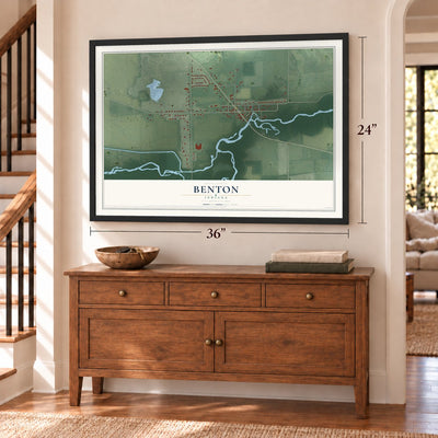 Benton, Indiana map, 24 x 36 inch print in a black frame above a dresser by a staircase