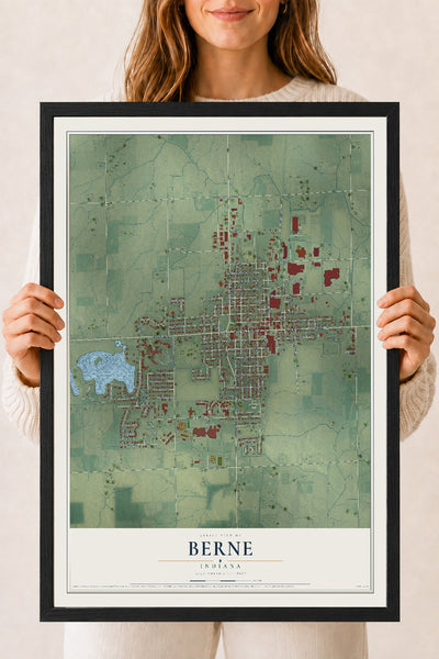 Map of Berne, Indiana, 18 x 24 inch print in a black wood frame