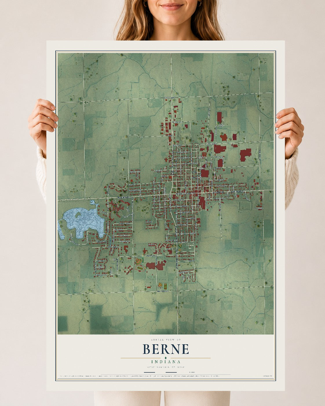 Map of Berne, Indiana, 24 x 36 inch unframed archival matte print