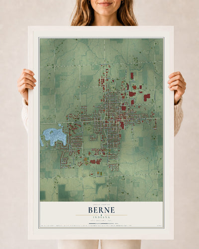 Map of Berne, Indiana, 24 x 36 inch print in a white wood frame