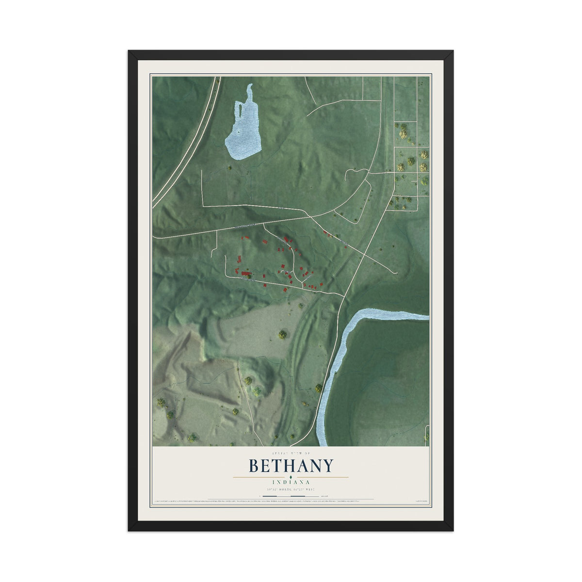 Map of Bethany, Indiana, 12 x 18 inch print in a black wood frame