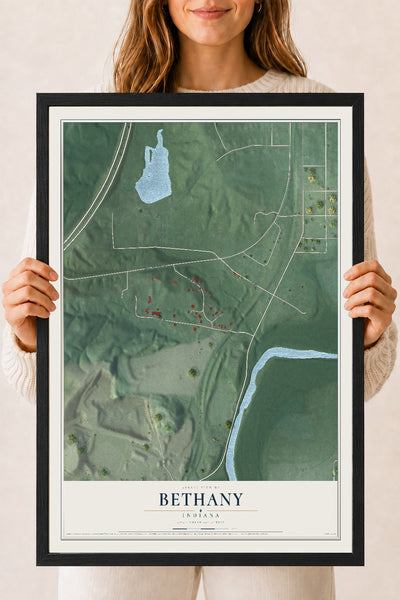 Map of Bethany, Indiana, 18 x 24 inch print in a black wood frame