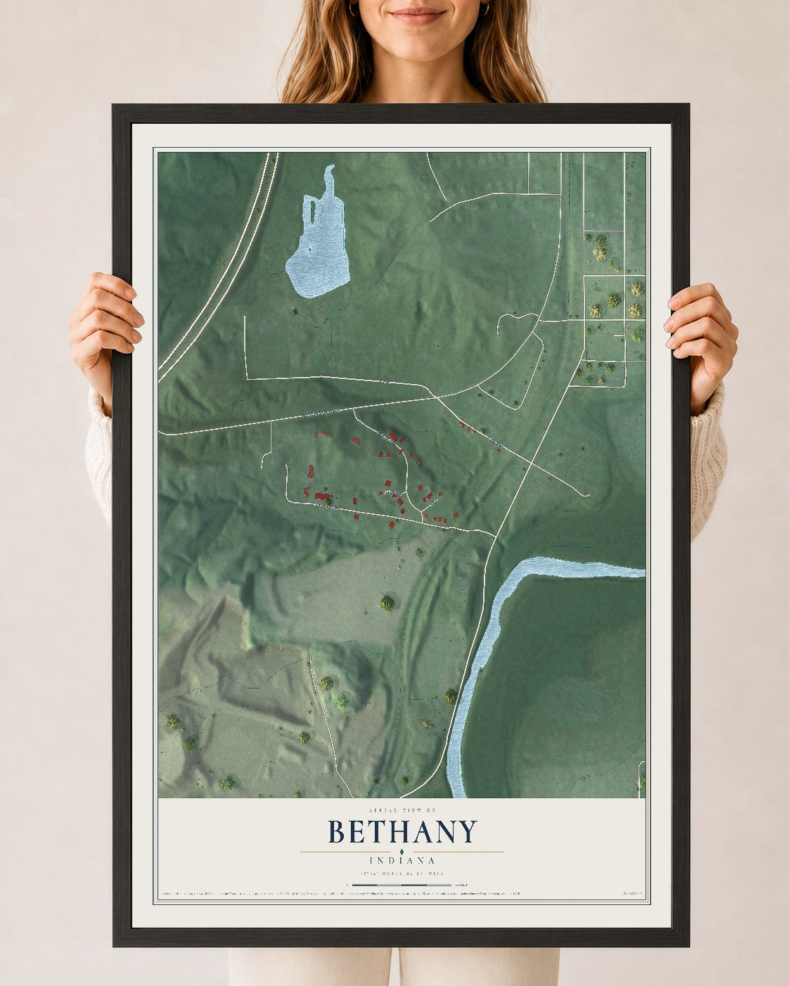 Map of Bethany, Indiana, 24 x 36 inch print in a black wood frame