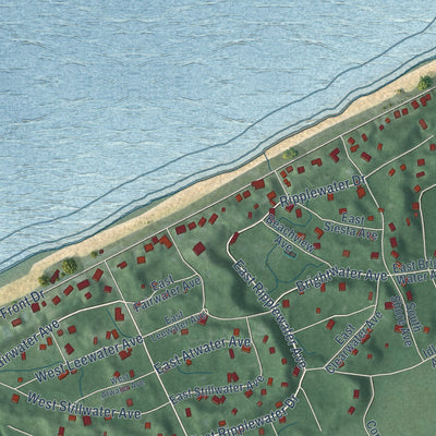 Close-up of the map of Beverly Shores, Indiana print showing street and building detail