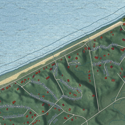 Second close-up of the map of Beverly Shores, Indiana print showing more streets and buildings