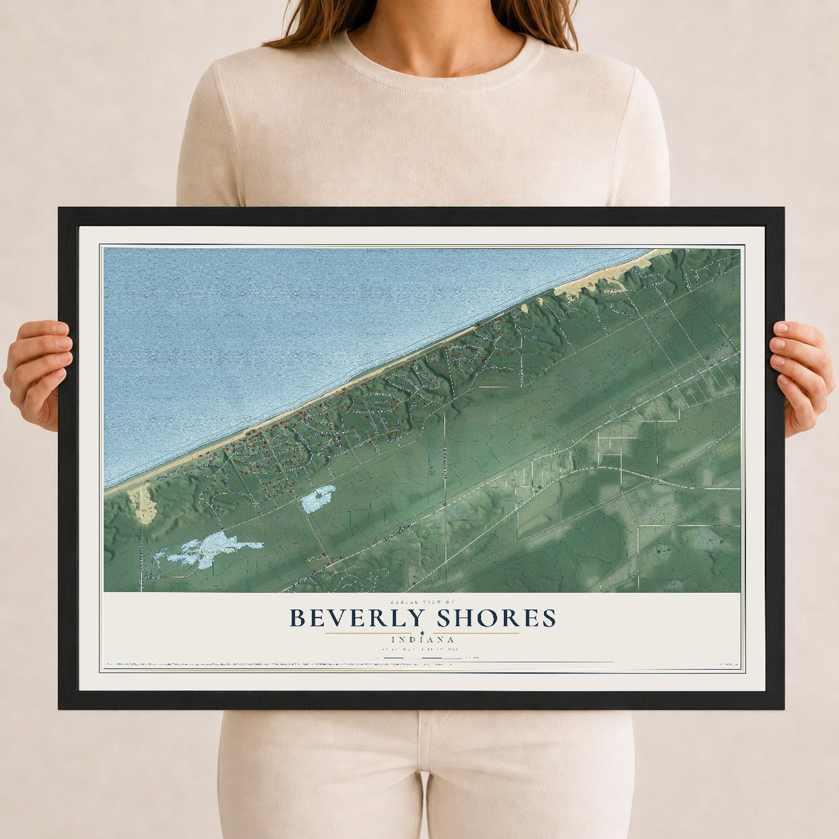 Map of Beverly Shores, Indiana, 12 x 18 inch print in a black wood frame