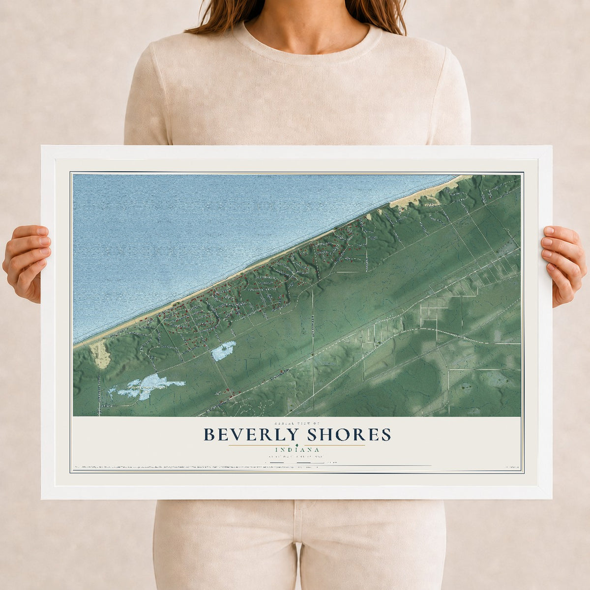 Map of Beverly Shores, Indiana, 12 x 18 inch print in a white wood frame