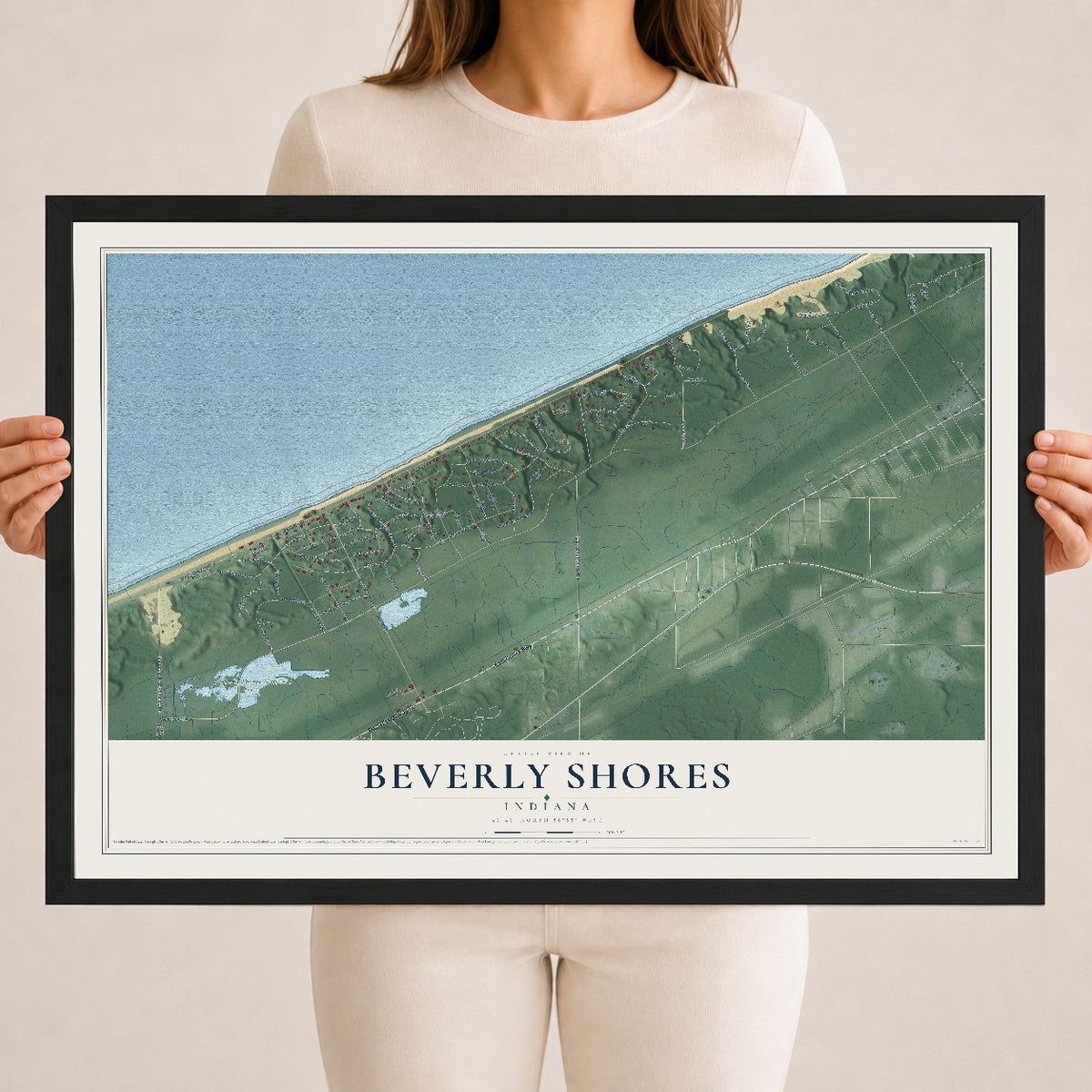 Map of Beverly Shores, Indiana, 18 x 24 inch print in a black wood frame