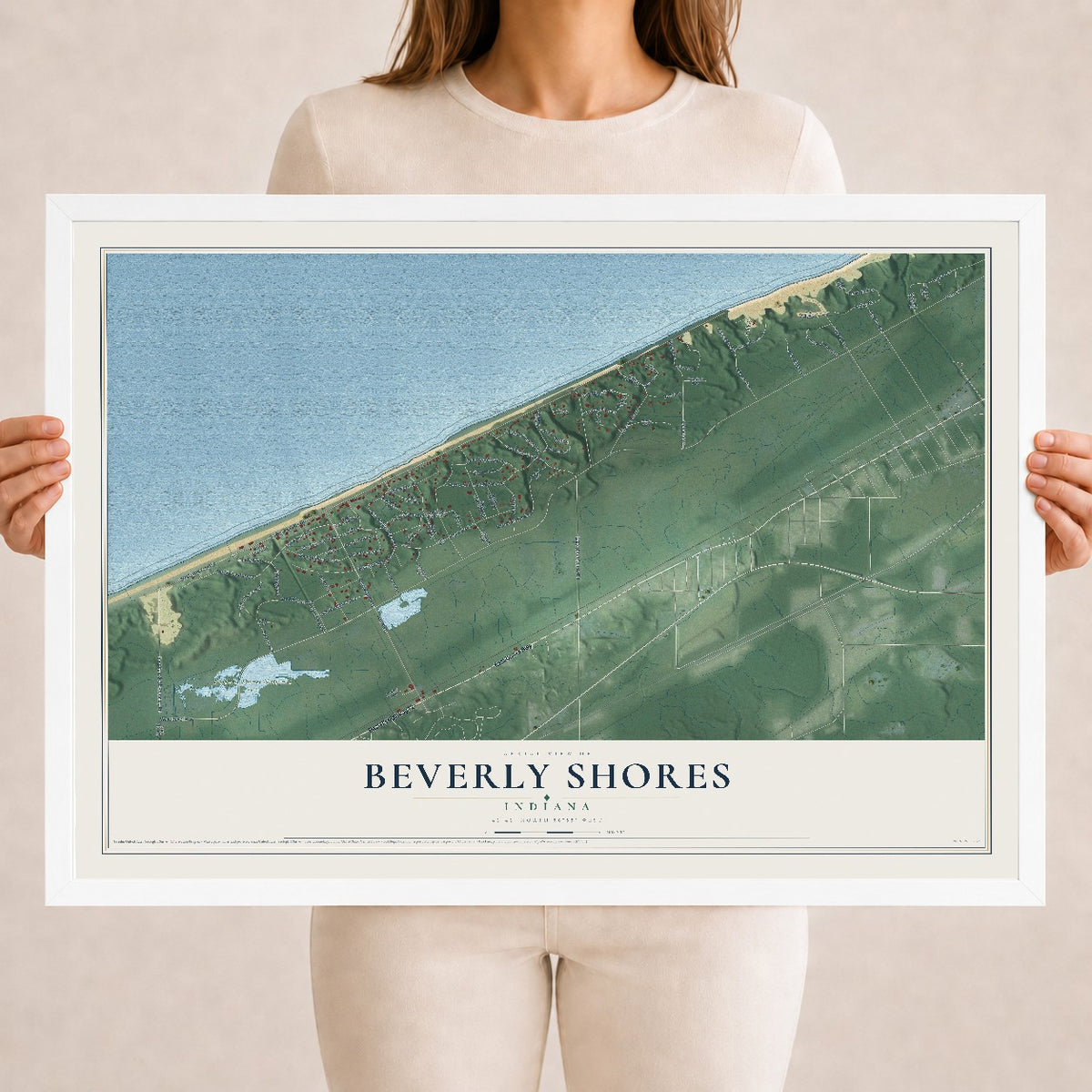 Map of Beverly Shores, Indiana, 18 x 24 inch print in a white wood frame