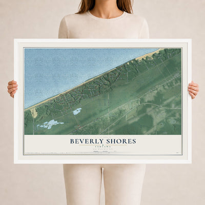 Map of Beverly Shores, Indiana, 24 x 36 inch print in a white wood frame