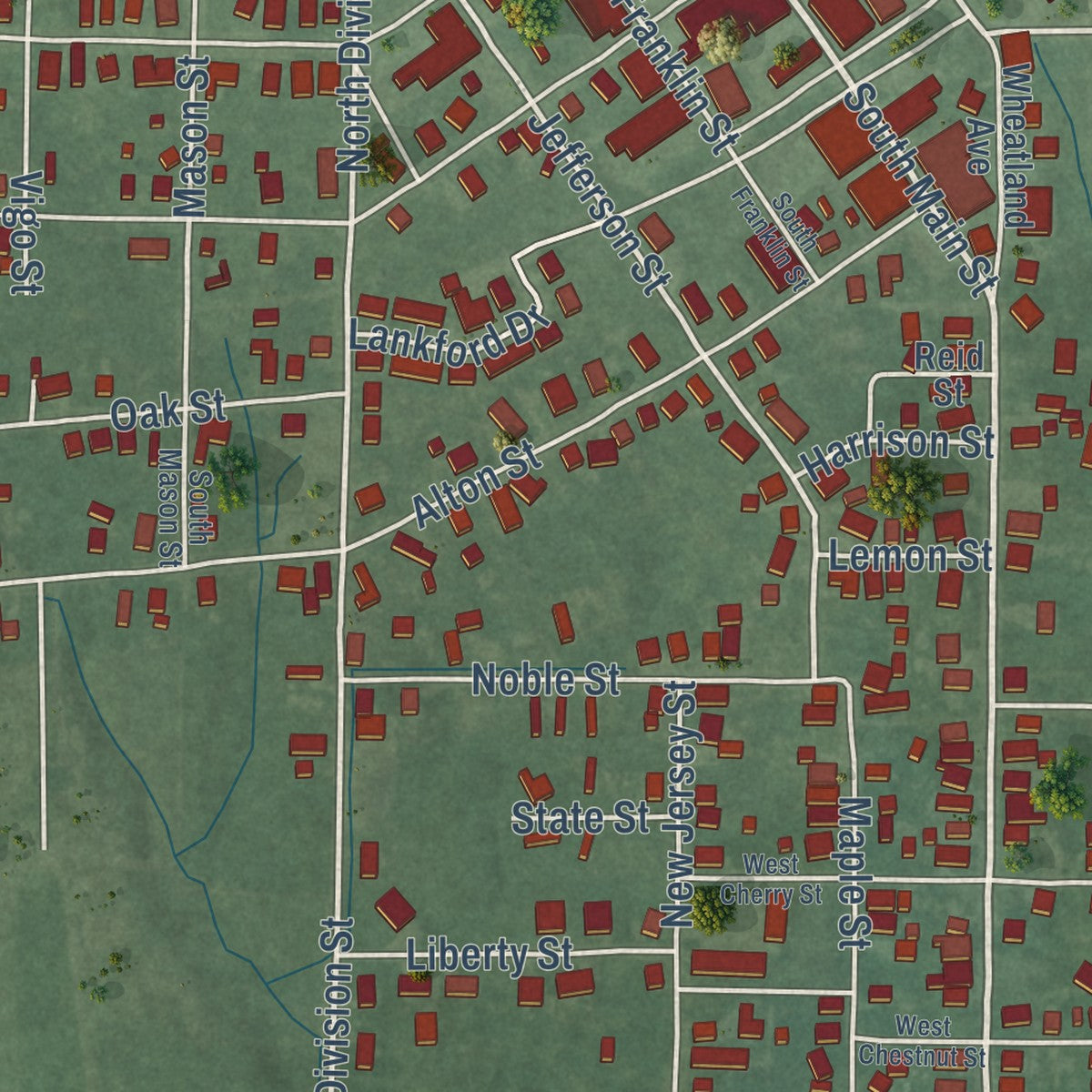 Second close-up of the map of Bicknell, Indiana print showing more streets and buildings