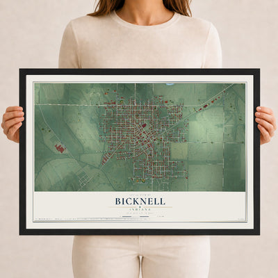 Map of Bicknell, Indiana, 12 x 18 inch print in a black wood frame