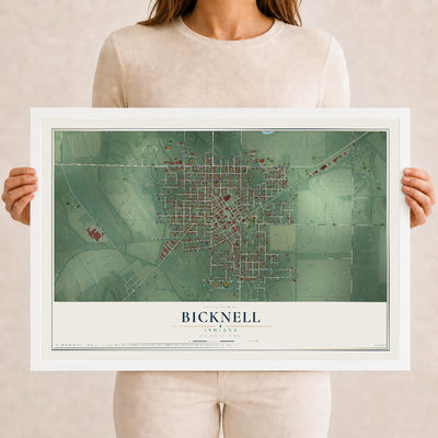 Map of Bicknell, Indiana, 12 x 18 inch print in a white wood frame