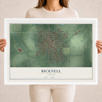 Map of Bicknell, Indiana, 18 x 24 inch print in a white wood frame