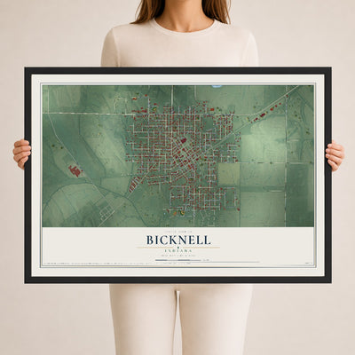 Map of Bicknell, Indiana, 24 x 36 inch print in a black wood frame