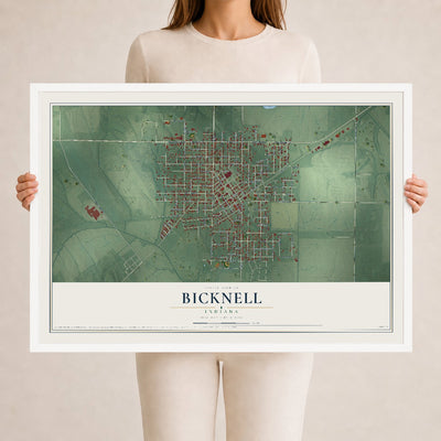 Map of Bicknell, Indiana, 24 x 36 inch print in a white wood frame