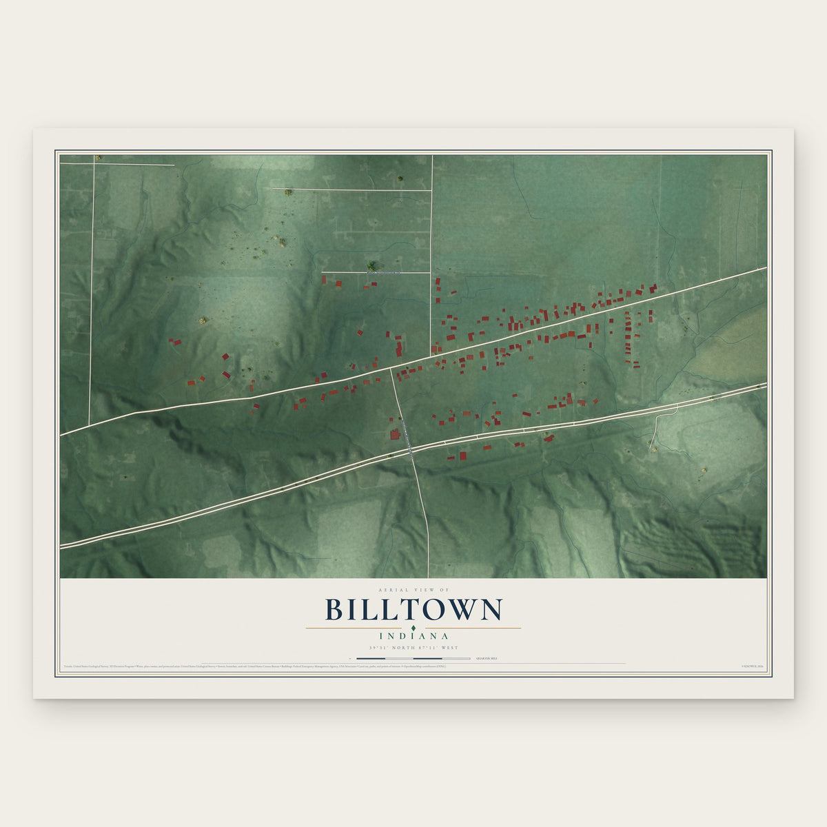 Billtown, Indiana map print, the full design