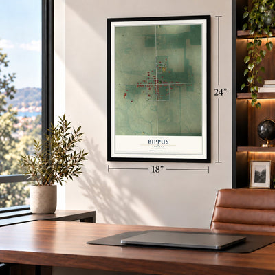 Bippus, Indiana map, 18 x 24 inch print in a black frame in a home office