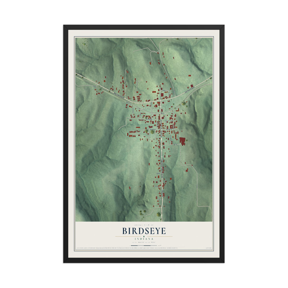 Map of Birdseye, Indiana, 12 x 18 inch print in a black wood frame