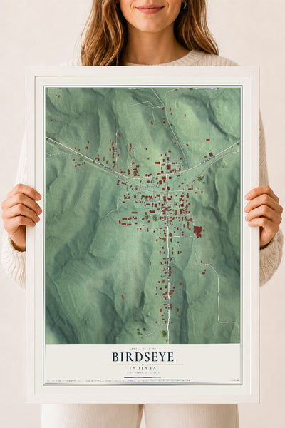 Map of Birdseye, Indiana, 18 x 24 inch print in a white wood frame