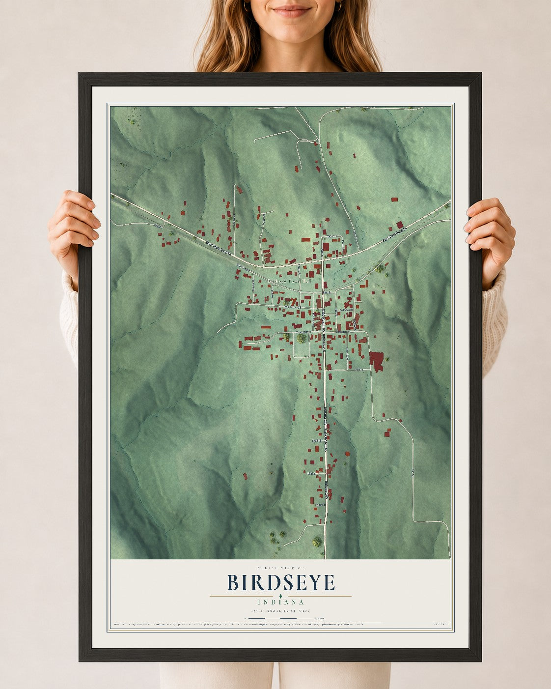 Map of Birdseye, Indiana, 24 x 36 inch print in a black wood frame
