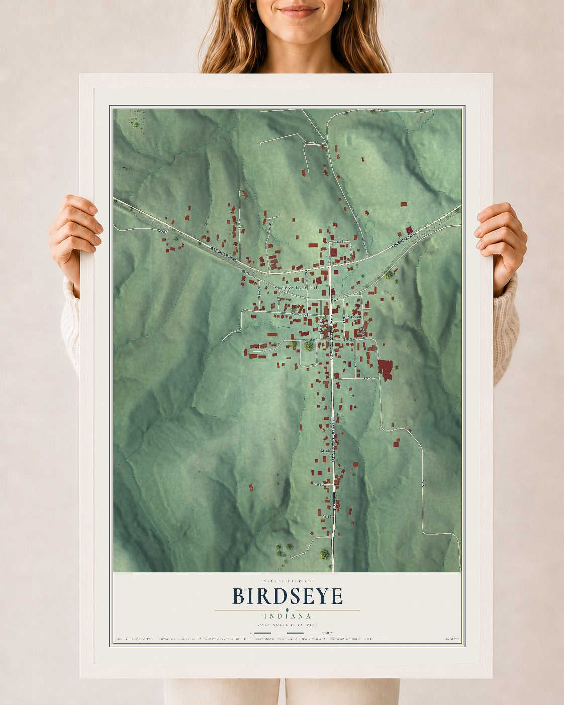 Map of Birdseye, Indiana, 24 x 36 inch print in a white wood frame