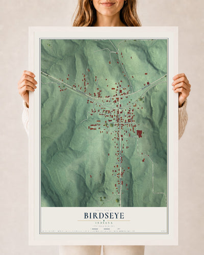 Map of Birdseye, Indiana, 24 x 36 inch print in a white wood frame