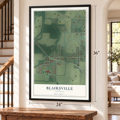 Blairsville, Indiana map, 24 x 36 inch print in a black frame by a staircase