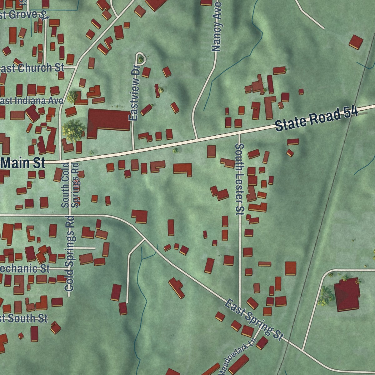 Second close-up of the map of Bloomfield, Indiana print showing more streets and buildings