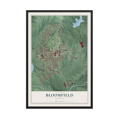 Map of Bloomfield, Indiana, 12 x 18 inch print in a black wood frame