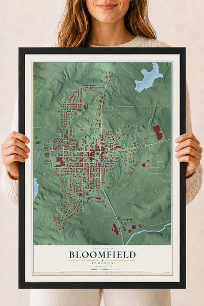 Map of Bloomfield, Indiana, 18 x 24 inch print in a black wood frame