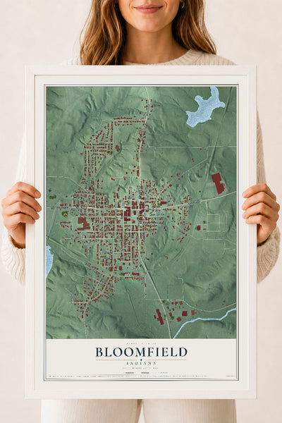 Map of Bloomfield, Indiana, 18 x 24 inch print in a white wood frame