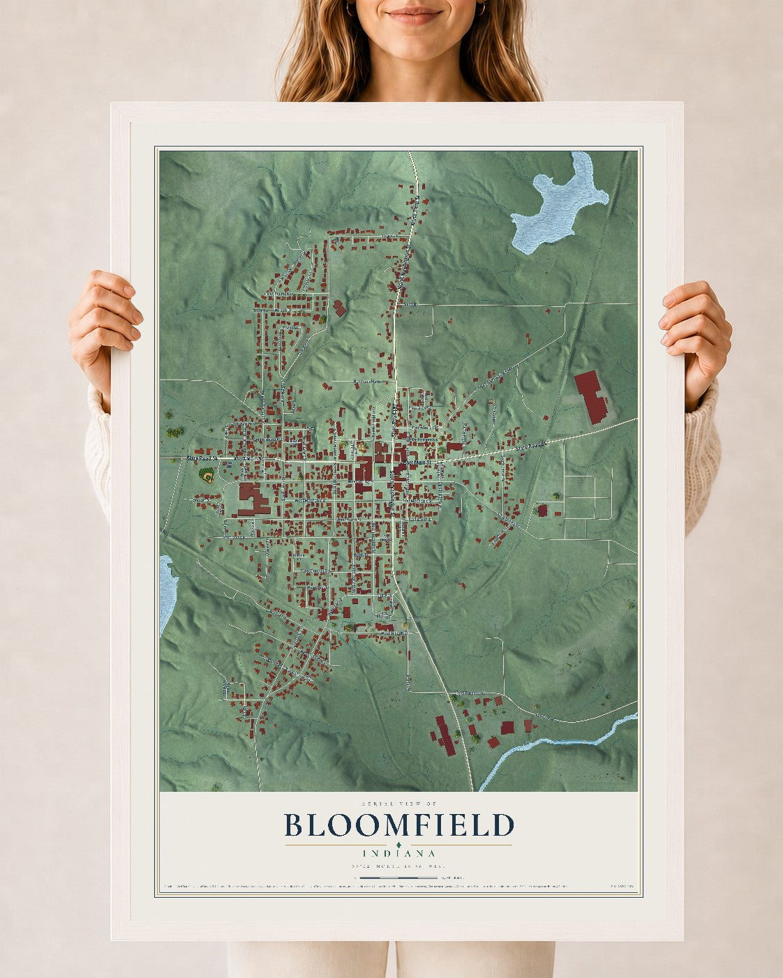 Map of Bloomfield, Indiana, 24 x 36 inch print in a white wood frame