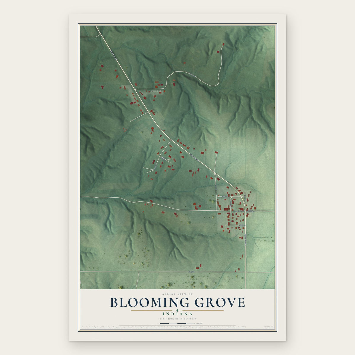 Blooming Grove, Indiana map print, the full design