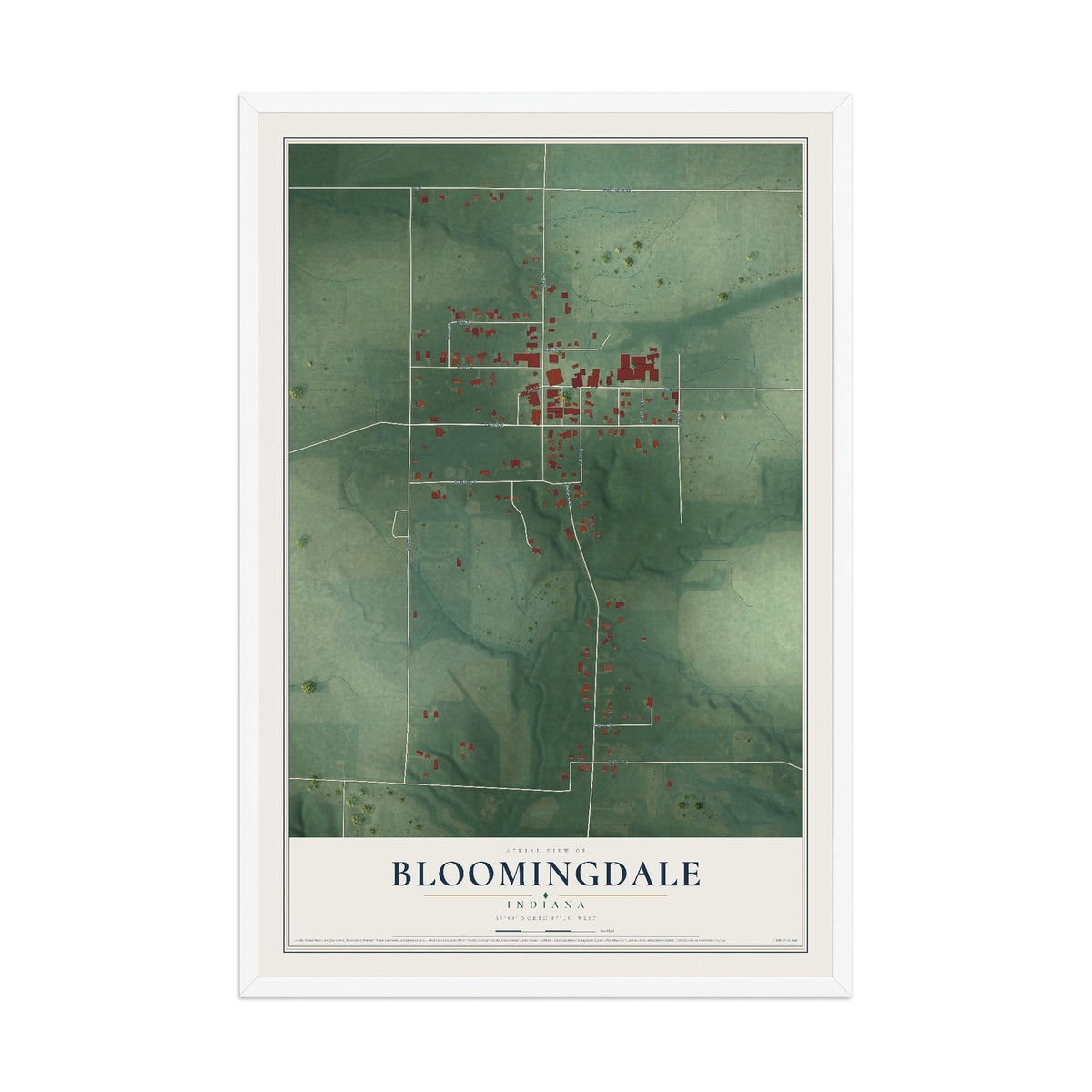 Map of Bloomingdale, Indiana, 12 x 18 inch print in a white wood frame
