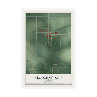 Map of Bloomingdale, Indiana, 12 x 18 inch print in a white wood frame