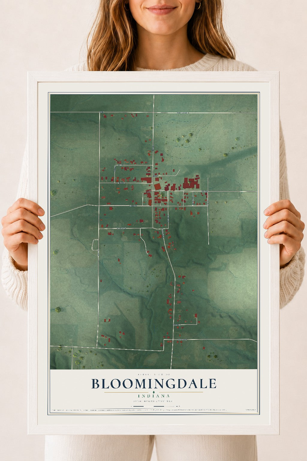 Map of Bloomingdale, Indiana, 18 x 24 inch print in a white wood frame